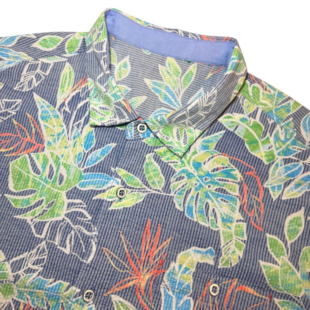 Tommy Bahama Mens 3XLT Blue Tropical Seersucker Reverse Shirt Monstera Leaf